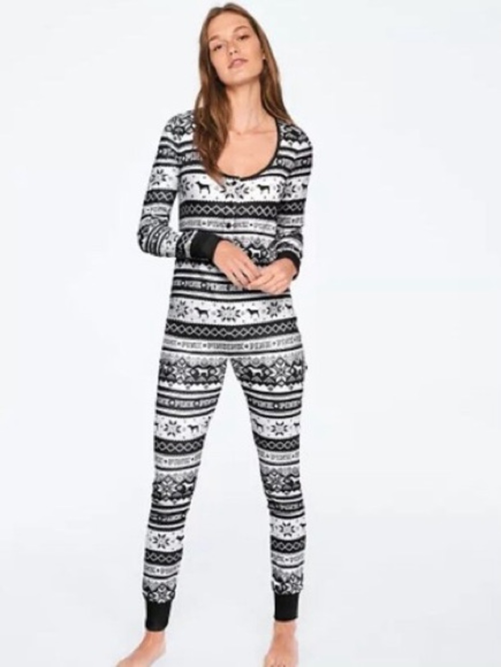 Victoria's Secret PINK Fair Isle Sleep One-Piece Onesie-Black/White-Women Large